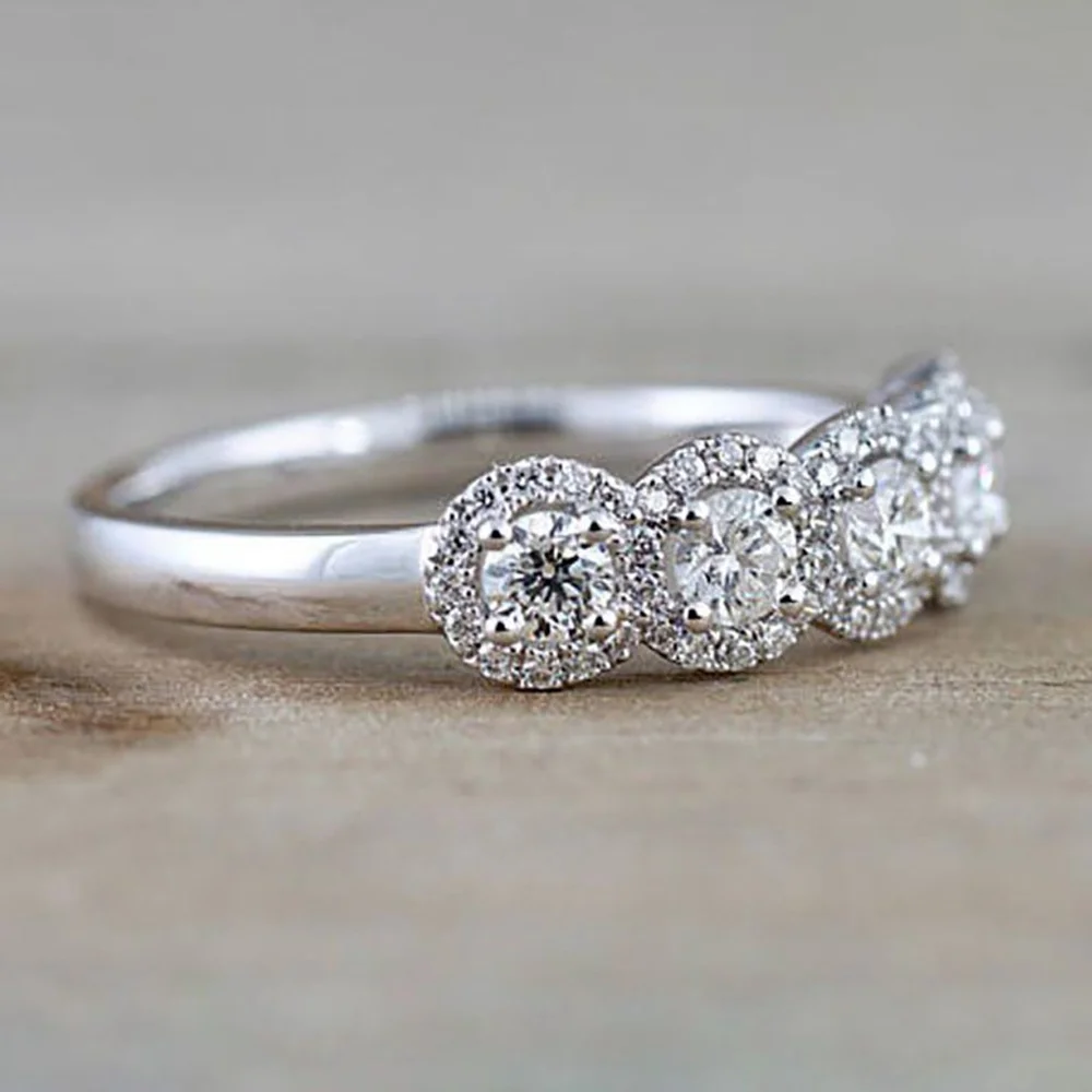 5‎ Stone Halo Simulated Diamond Ring | Platinum Plated Sterling Silver